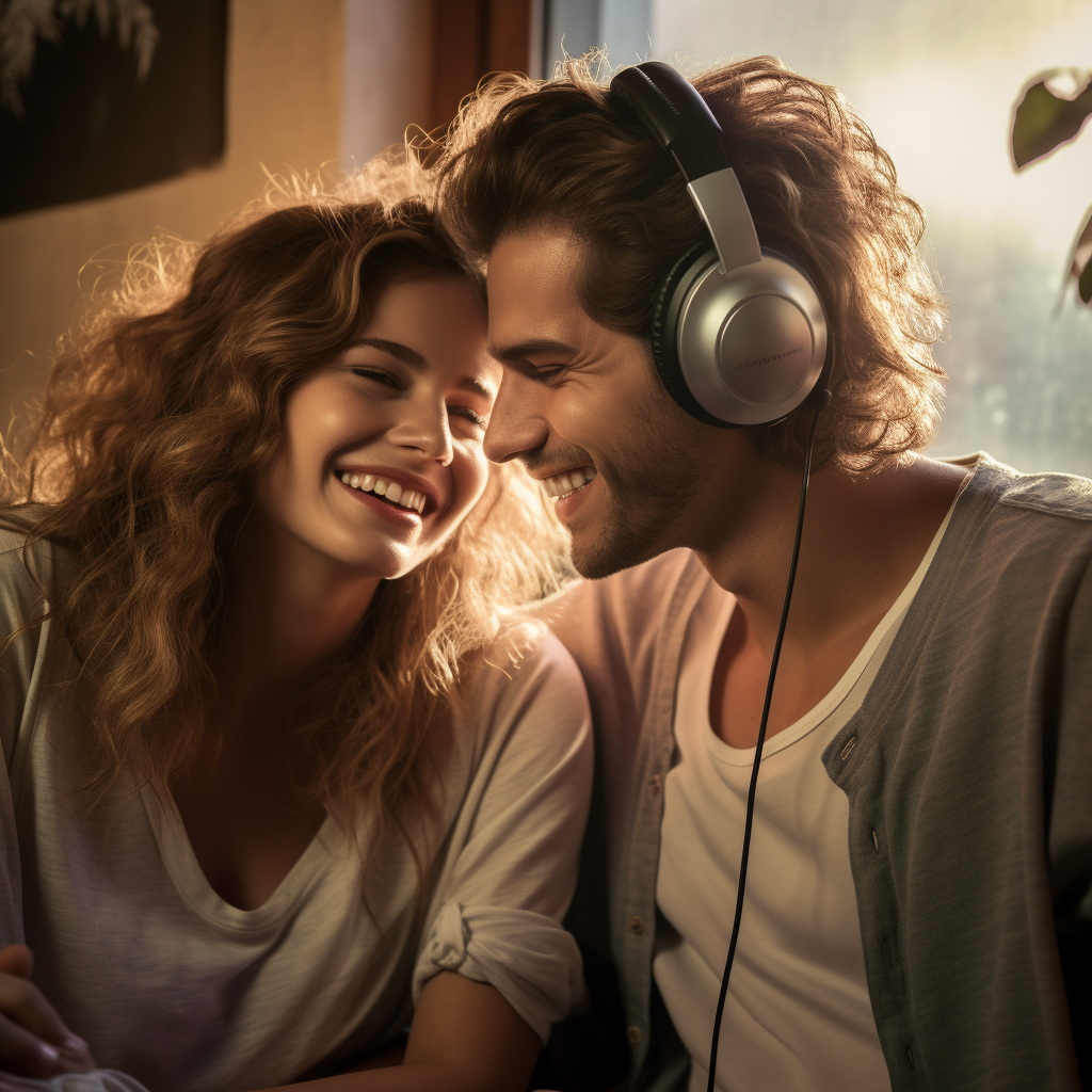 couple listening to an audio recording of their love story